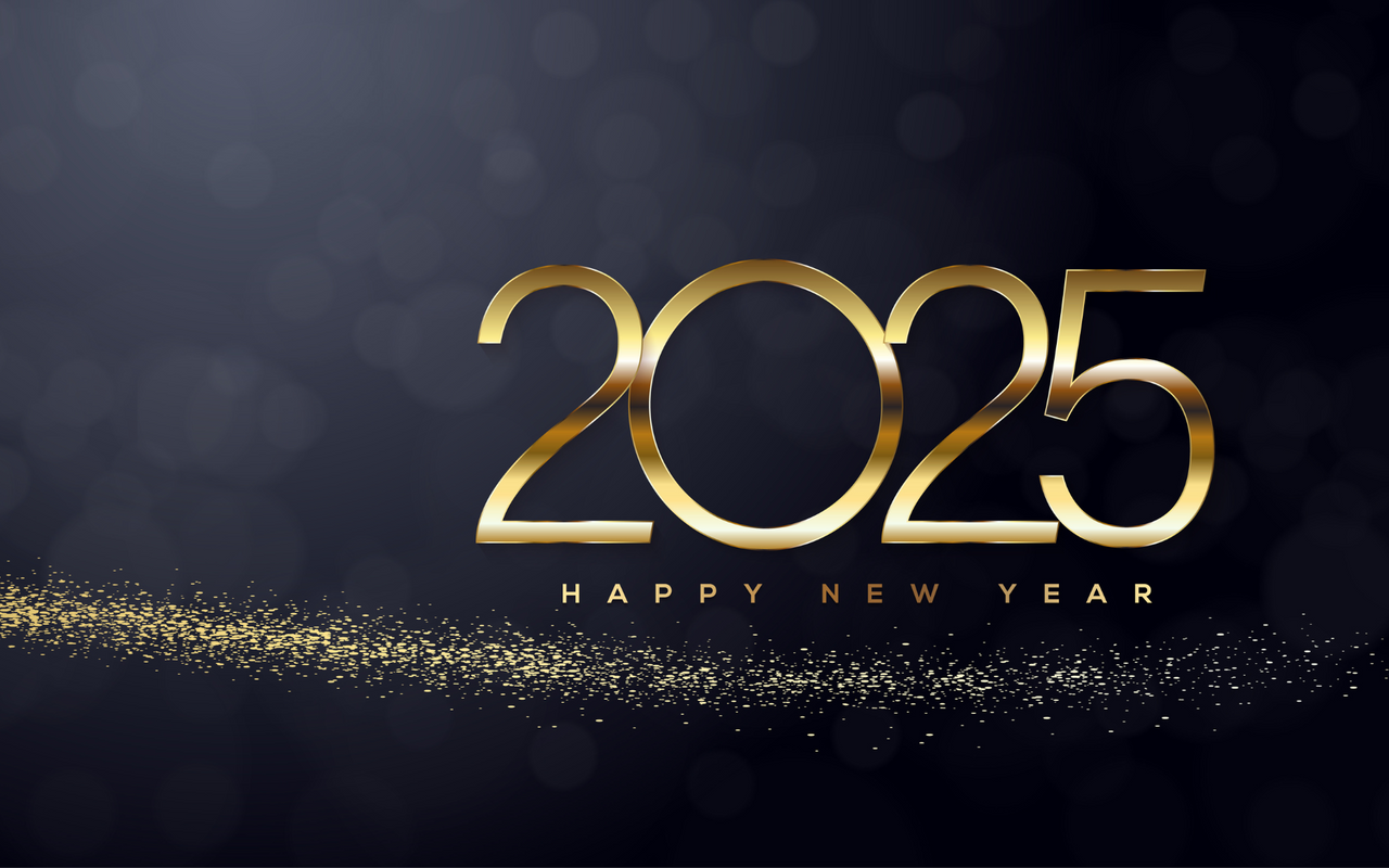 Neujahrsvorsätze / goldener Schriftzug auf dunklem Hintergrund "2025 HAPPY NEW YEAR"