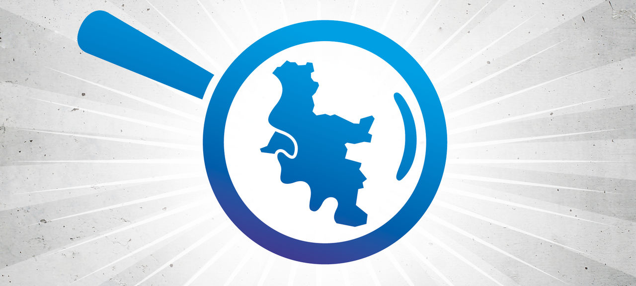 Eine blaue Lupe über einer Silhouette von Düsseldorf.