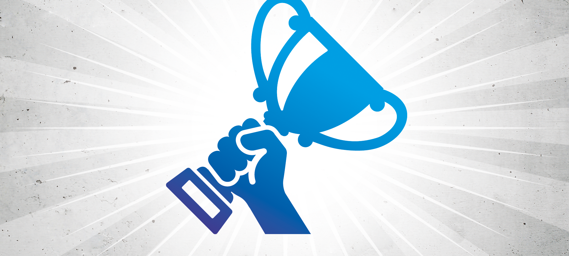 Eine blaue Hand reckt einen blauen Pokal in die Höhe. Das ist ein Symbolbild für den Düsseldorfer Sport.