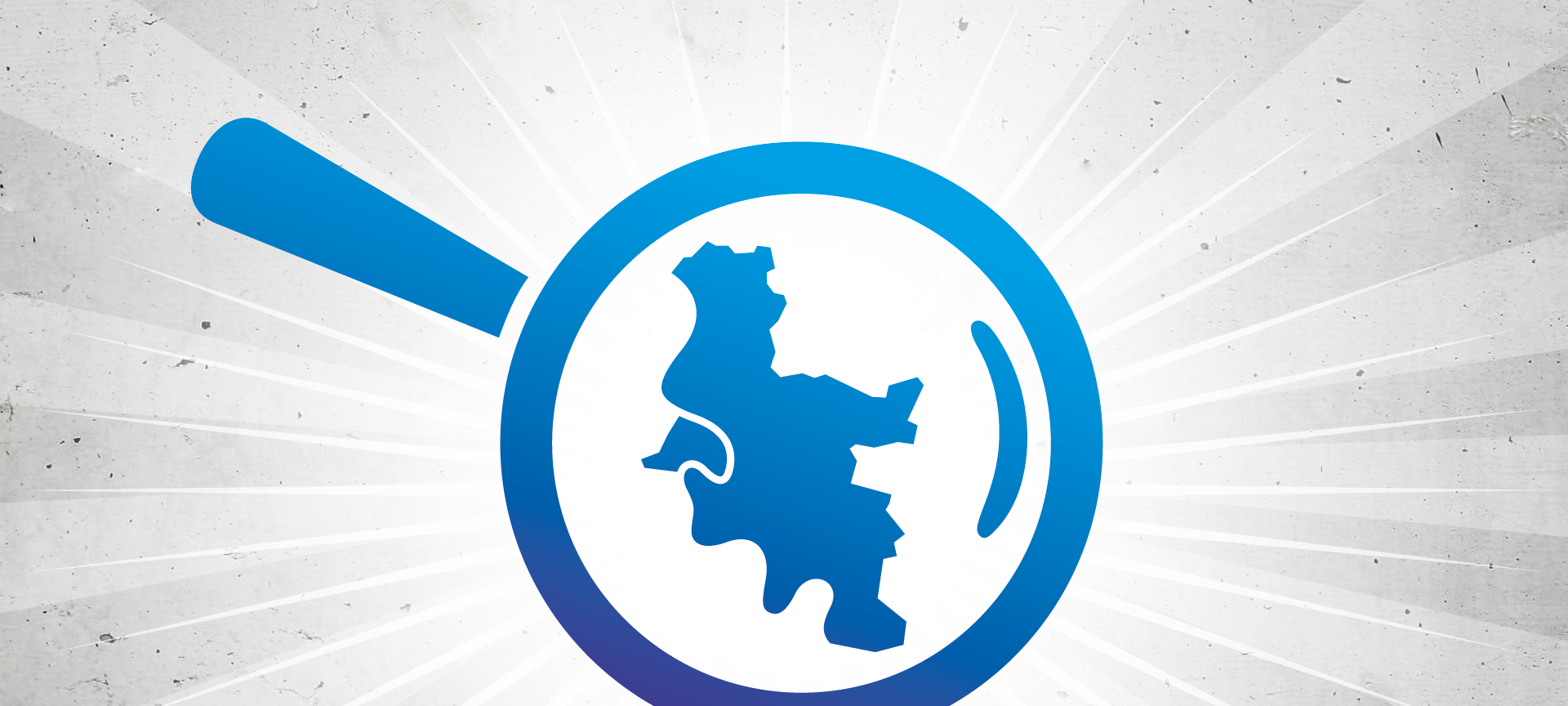 Eine Lupe, die die Stadtgrenzen Düsseldorfs vergrößert. Die Grafik ist in den Farben von Antenne Düsseldorf gehalten.